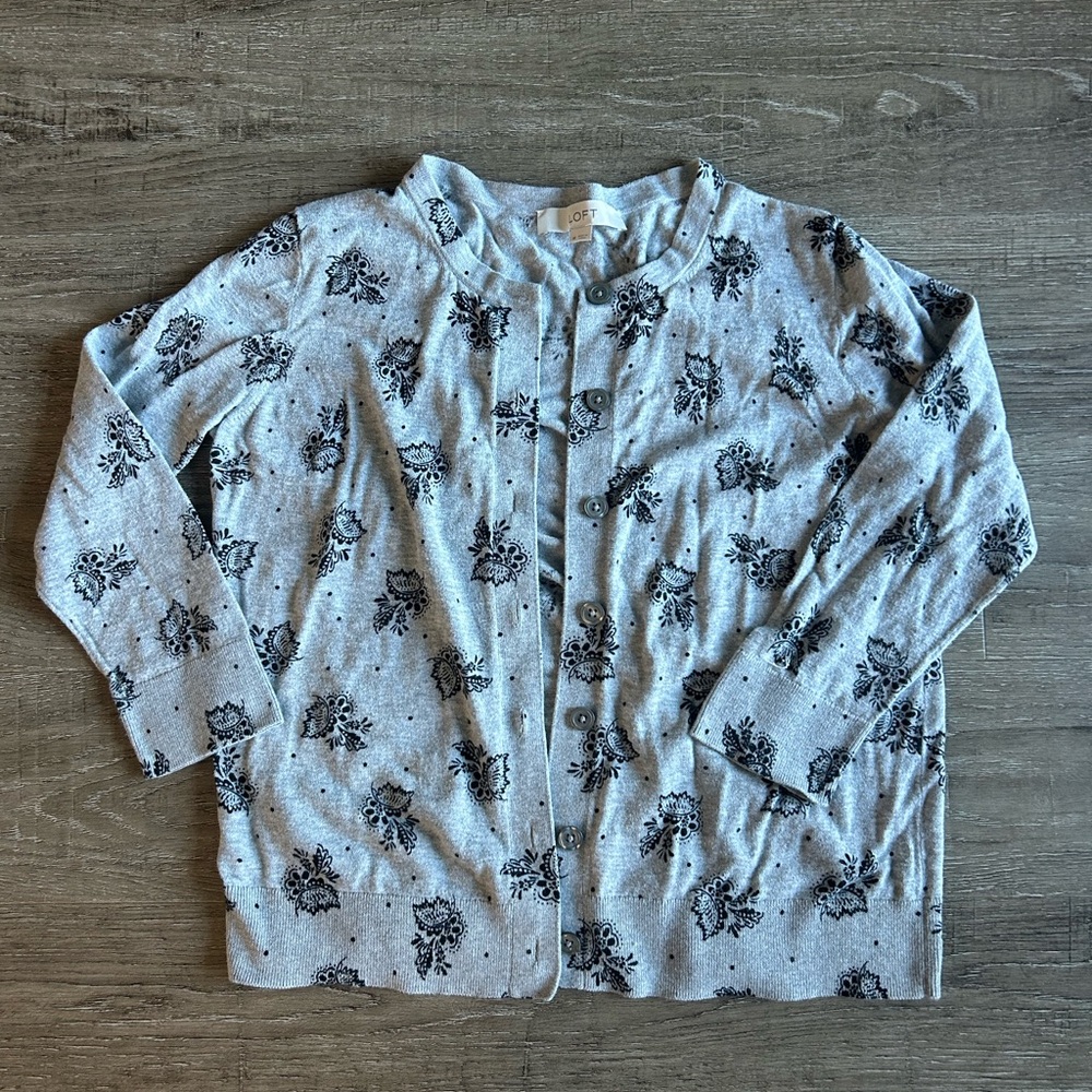LOFT paisley cardigan gray and black florals